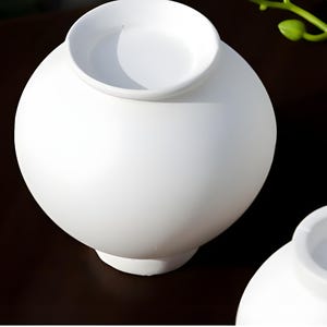 May include: Two white ceramic vases with a round, spherical shape. The vases have a smooth, glossy finish and a wide opening at the top.
