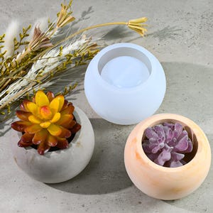 May include: Three round, bowl-shaped planters. One is a translucent white silicone mold, one is a solid gray concrete-style planter containing a yellow and orange succulent, and one is a peach-colored marbled planter containing a purple succulent.