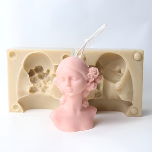 Girl bust 2 part mold with blindfolded closed eyes, girl figurine mold, with flower, girl candle plaster jesmonite mold, ships from Korea*