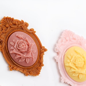 May include: Two ornate oval frames with raised floral designs. The frame on the left is brown with a pink rose, and the frame on the right is pink with a yellow rose.