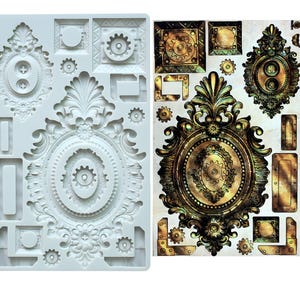May include: A two-part image showing a white silicone mould and a sheet of decorative elements. The mould features ornate frames, gears, and geometric shapes. The decorative sheet has similar designs in gold and brown tones, including frames and gears.