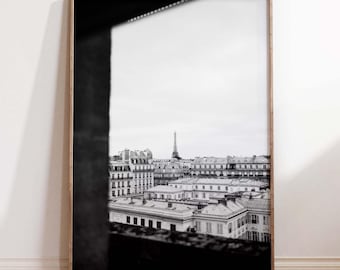 Eiffel Tower & Paris Rooftops Black and White Digital Download | Classic Paris Photography Print | Printable Wall Art | Home Decor Poster