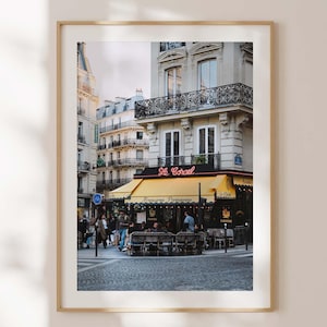Download digitale di un ristorante all'angolo di Parigi con insegna al neon / Stampa fotografica classica di Parigi / Arte murale stampabile / Poster per la decorazione della casa di Parigi