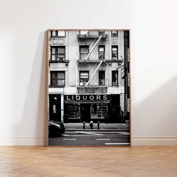 West Village NYC Liquor Store with Neon Sign Black & White Digital Download | New York City Photography | Printable Wall Art | NYC Wall Art