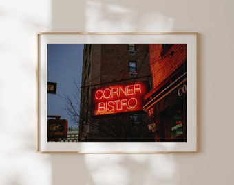 NYC West Village Corner Bistro Neon Sign at Dusk Digital Download | New York City Photography | Printable Wall Art | Kitchen Decor