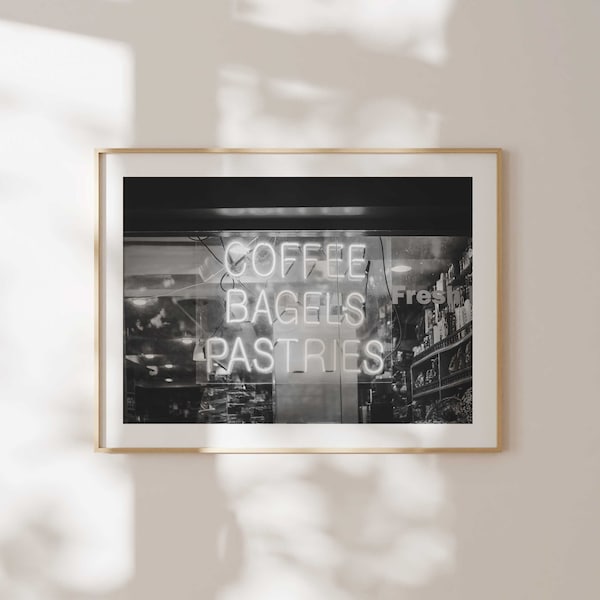 Coffee Bagels Pastries Neon Sign Black & White Digital Download | New York City Photography | NYC Printable Wall Art | Cute Kitchen Decor