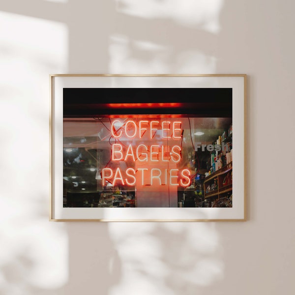 Coffee Bagels Pastries Neon Sign Print | New York City Photography | NYC Neon Wall Art | Kitchen Decor | Coffee Bar Decor