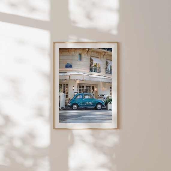 Classic Paris Cafe with Blue Vintage Car Print | Paris Photography | Aesthetic Wall Art | Cute Apartment Decor | High Quality Giclee Print
