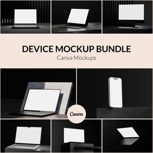 May include: A device mockup bundle featuring various electronic devices, including laptops, a desktop computer, and a smartphone, all with blank screens. The text "DEVICE MOCKUP BUNDLE" and "Canva Mockups" are displayed. The devices are set against a dark background.