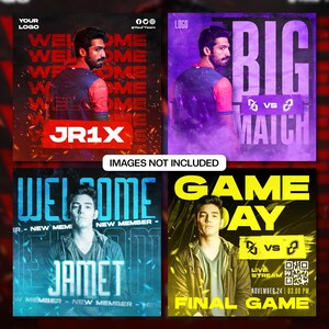 Könnte beinhalten: Vier farbenfrohe digitale Poster mit Text und Bildern. Das erste Poster ist rot und schwarz mit dem Text "WELCOME", der mehrmals wiederholt wird, und "JR1X" in der Mitte. Das zweite Poster ist lila mit dem Text "BIG MATCH" und dem Gesicht einer Person. Das dritte Poster ist blau und schwarz mit dem Text "WELCOME" und "JAMET". Das vierte Poster ist gelb und schwarz mit dem Text "GAME DAY" und "FINAL GAME".