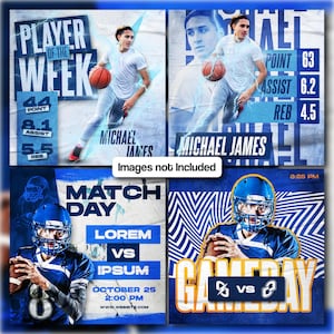 May include: A blue and yellow poster with the text "Match Day" and "Game Day" in bold white letters. The poster also features a basketball player and a football player in blue uniforms. The text "Lorem vs Ipsum" is in white letters on a blue background. The date and time of the game are listed as "October 25, 2:00 PM".