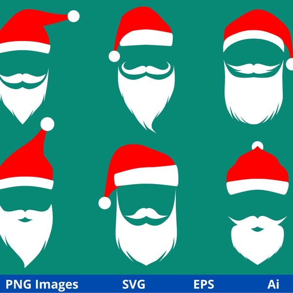 Santa hat and Beard SVG, Santa Claus face Svg, Christmas Santa head Svg, Silhouette, Santa Beard Vector Set, Instant Download SVG and PNG