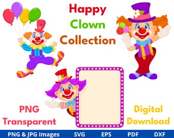 Clown Clipart, Circus clipart, Circus Clown, Happy Clown Set, Funny Bright Clowns, Colorful Clowns, Cricut, Digital Download Files