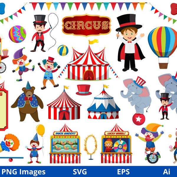 Circus clipart, Carnival Clipart, Circus Tent Clipart, circus printable, Animals, Clowns, Circus PNG and SVG, Instant Download Files