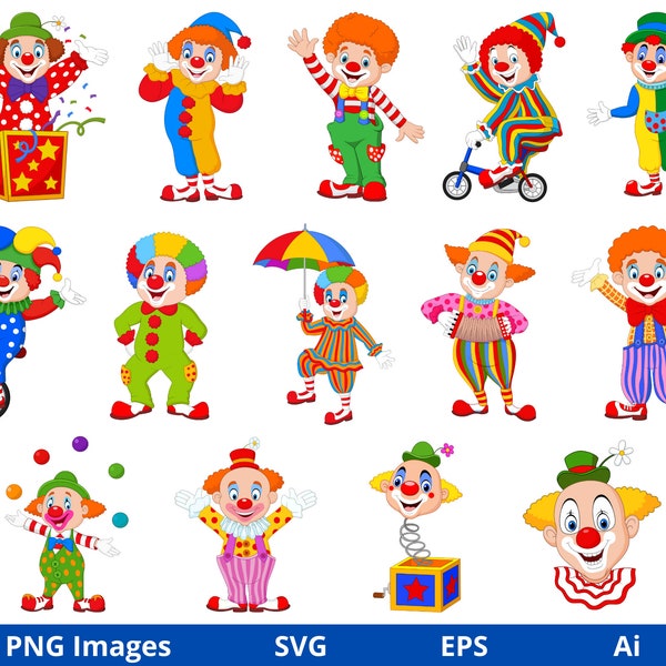 Clowns Clipart, Circus clipart, Circus Clown, Happy Clown Set, Funny Bright Clowns, Clowning Around, Fichiers de téléchargement numérique SVG et PNG