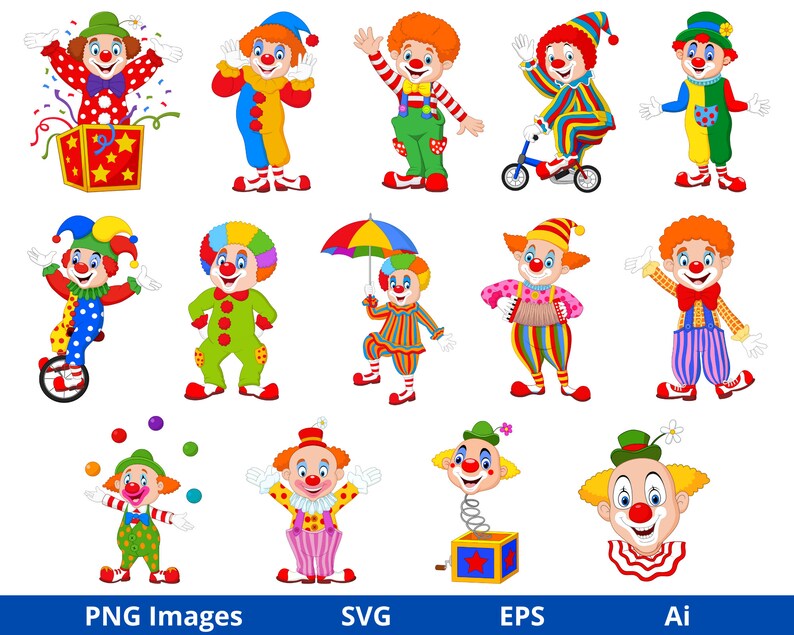 Clowns Clipart, Circus Clipart, Circus Clown, Happy Clown Set, Funny ...