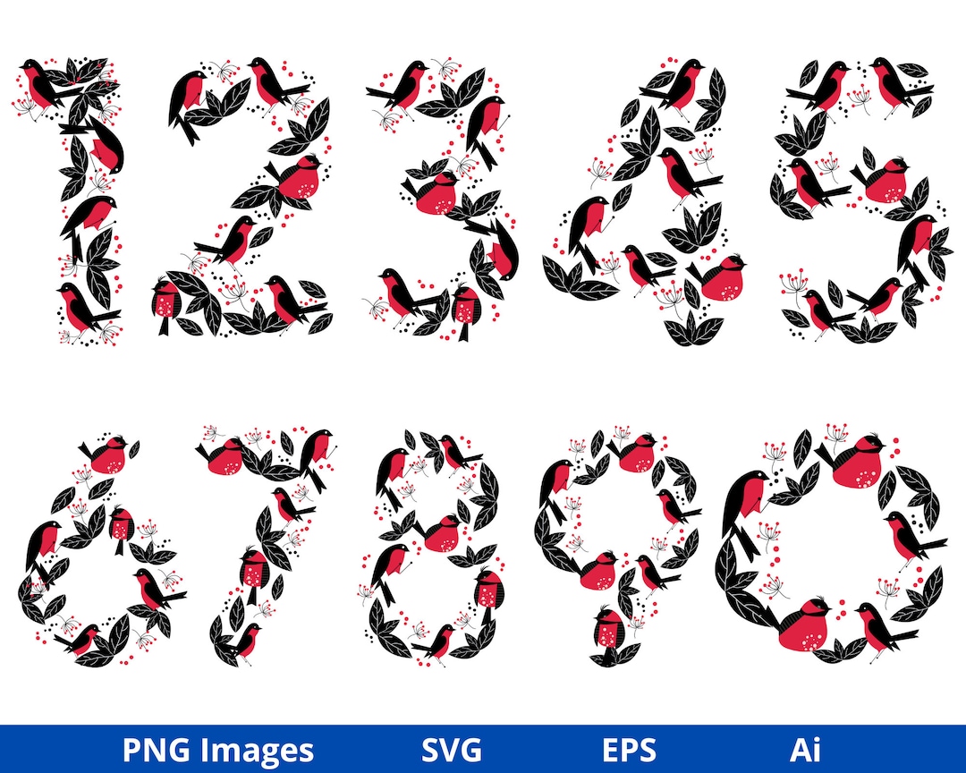 Numbers Birds Roses Numbers Clipart, Birds Clipart, Leaves Clipart, Numbers SVG, Numbers ...