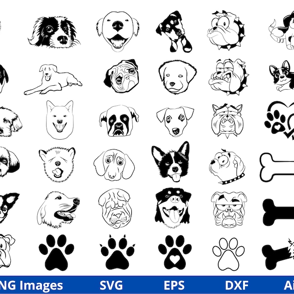 Dogs SVG Bundle, Dogs clipart, Dog Faces Svg, Animal clipart, Animal Faces clipart, Dog Silhouette, Dog Breeds, Instant Download SVG and PNG