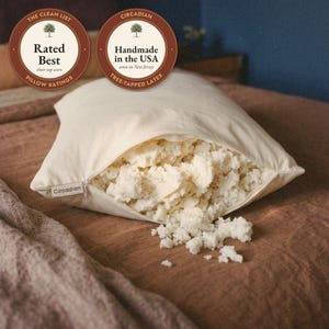 Kussen van latex gewonnen uit boomextract, met Dunlop-schuim, OEKO-TEX Klasse 1 gecertificeerd, verstelbaar, geschikt voor de circadiane ritmes, handgemaakt in New Jersey.