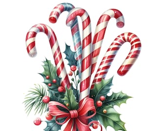 Vintage Candy Cane Bukiet Akwarela Clipart Design, Vintage Christmas Candy Cane Pobierz, Cyfrowy Candy Cane PNG Plik, Xmas Printable Art
