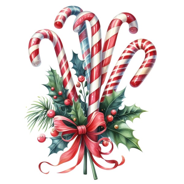 Vintage Candy Cane Bouquet Watercolor Clipart Design, Vintage Christmas Candy Cane Download, Digital Candy Cane PNG File, Xmas Printable Art