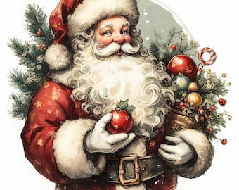 Diseño PNG de acuarela de Papá Noel vintage, descarga navideña digital instantánea, arte imprimible de Navidad vintage, diseño de arte PNG de Navidad