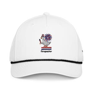 May include: A white baseball cap with a black rope trim across the base of the crown. The front features an embroidered goose wearing a red, white, and blue top hat, holding a firework, with a firework burst and the text firequacker below.