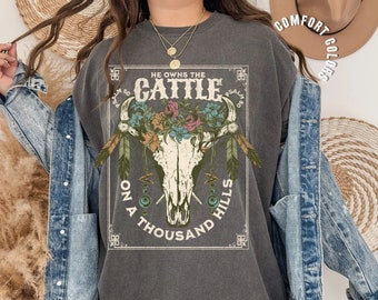 He Owns The Cattle On A Thousand Hills Western Christian Oversized Comfort Colors Psalm Shirt, Western Trendy Bible Verse Gift, Jesus Tee