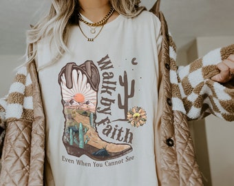 Western Christian Shirts Walk by Faith Tee, Comfort Colors T Shirts Religious Shirt Gift for Her Jesus Apparel Faith Bible Verse Women Shirt