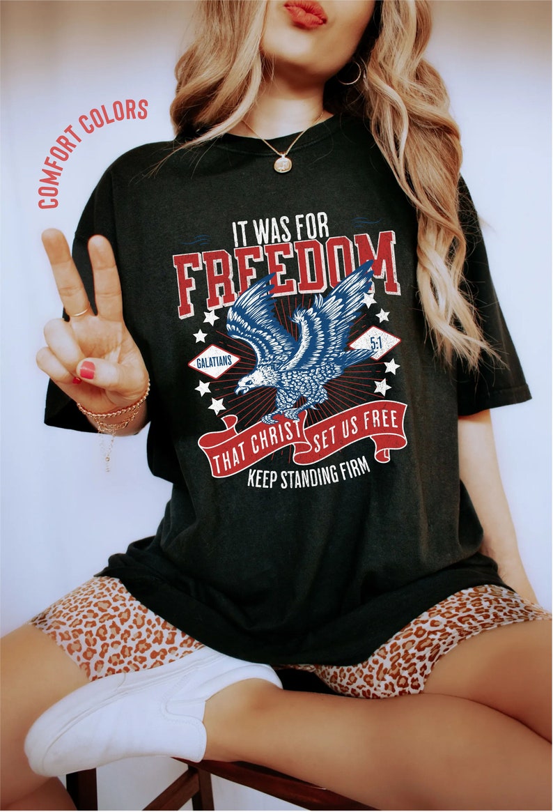 Christian 4th of July Shirt, Christian T-Shirts, Freedom Tee 4th July Shirt Men, July 4th Shirt Women, Bible Verse Shirt, Eagle Shirt Women Black