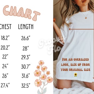 May include: White t-shirt with a size chart and text. The chart lists sizes S to 3XL, with chest measurements from 18.2" to 27.4" and lengths from 26.6" to 32.5". The text advises sizing up for an oversized look.
