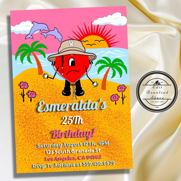 Bad Bunny Invitation, Un Verano Sin Ti, Birthday Digital Invitation, Printing Invitation, Download Print Invite, Digital Template E-Invite