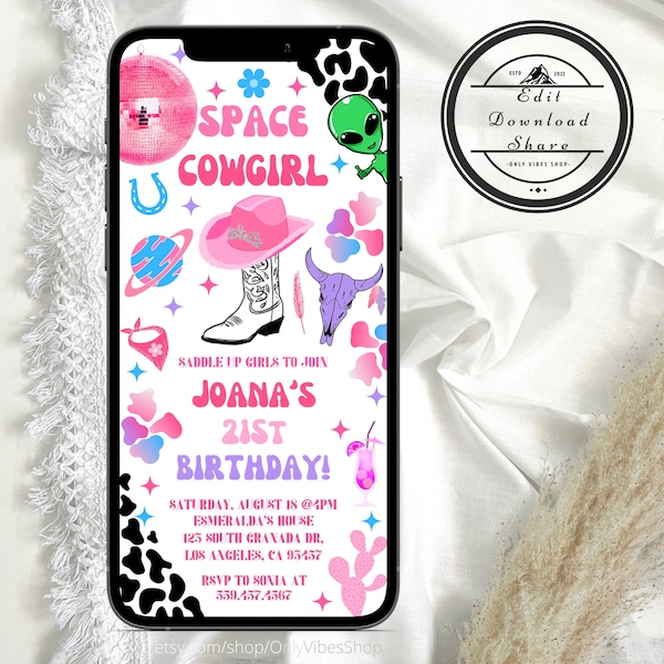 Space Cowgirl Birthday Party Invite, Cosmic Space Nashville Cowgirl, Disco Alien Rodeo Birthday Party, Text Message Invite Editable Template