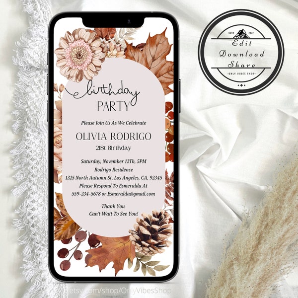 Autumn Floral Birthday Invitation, Fall Foliage, Leaves, Pinecones, Bohemian Fall Autumn Invitation, Text Message Invite, Editable Template