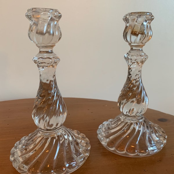 Antique Baccarat Bambous Clear Crystal Swirl Twisted Spiral Candlesticks Set of 2