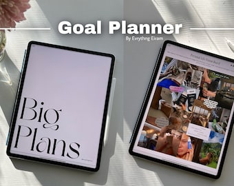 May include: A digital tablet displaying a vision board with the text "Personal Life Vision Board" and a collage of images. The tablet is on a white surface with a stylus next to it. The other tablet shows the text "Big Plans" on a white background.