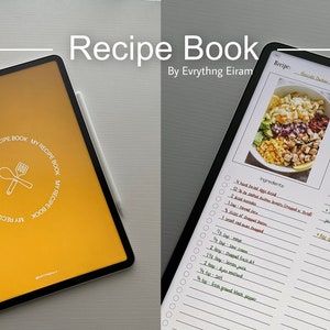May include: A digital recipe book app on a tablet with a yellow background and a white icon of crossed cooking utensils. The app is titled "My Recipe Book". The second image shows a recipe for "Brown Rice Salad with Corn and Lemon Dressing" with a photo of the salad and a list of ingredients and instructions.