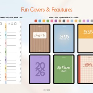May include: Digital planner covers in various colors, including brown, blue, yellow, purple, and green. The covers feature the year 2026 and the text "Twenty Six" and "My Planner 2026". The image also shows colorful and white tabs.