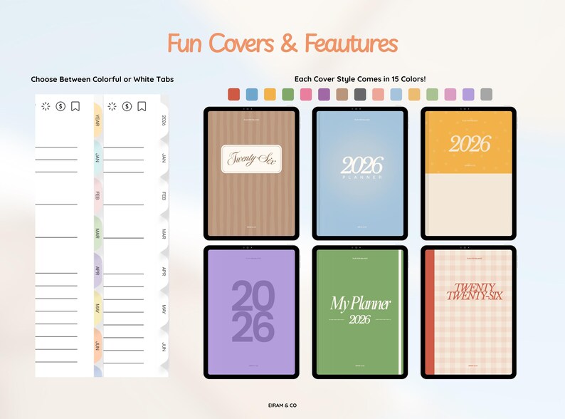 May include: Digital planner covers in various colors, including brown, blue, yellow, purple, and green. The covers feature the year 2026 and the text "Twenty Six" and "My Planner 2026". The image also shows colorful and white tabs.
