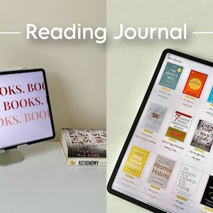 Może przedstawiać: Cyfrowa aplikacja do prowadzenia dziennika czytania na ekranie tabletu z listą książek w bibliotece. Książki są wyświetlane jako okładki z tytułami i nazwiskami autorów. Tablet znajduje się na białej powierzchni z rysikiem.