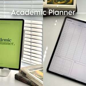 May include: A digital planner app on an iPad with the text "academic planner." The app is open to a schedule page with a grid layout and a stylus is being used to write on the screen.