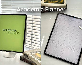 May include: A digital planner app on an iPad with the text "academic planner." The app is open to a schedule page with a grid layout and a stylus is being used to write on the screen.