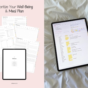 May include: A digital wellness planner with a black tablet displaying a fitness plan, and a stylus. Several printed planner pages are arranged around the tablet. The text "Prioritize Your Well-Being & Meal Plan" is at the top.