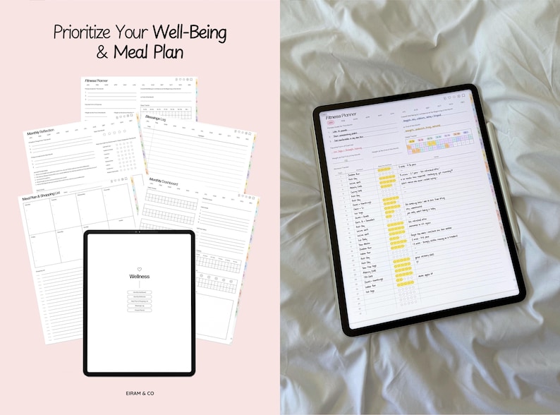 May include: A digital wellness planner with a black tablet displaying a fitness plan, and a stylus. Several printed planner pages are arranged around the tablet. The text "Prioritize Your Well-Being & Meal Plan" is at the top.
