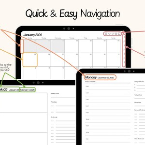 May include: Digital planner interface with a calendar view for January 2026, daily planning pages, and weekly overviews. Features include hyperlinked tabs, shortcut buttons, and a user-friendly design for easy navigation.
