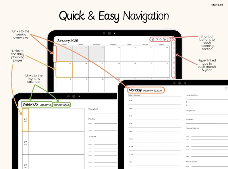 May include: Digital planner interface with a calendar view for January 2026, daily planning pages, and weekly overviews. Features include hyperlinked tabs, shortcut buttons, and a user-friendly design for easy navigation.