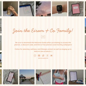 May include: A promotional image with a cream-colored background and a grid of photos showcasing digital planners, tablets, and lifestyle content. Text reads "Join the Eiram + Co Family!" and promotes a welcome guide with planners and discount codes.