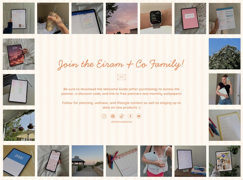 May include: A promotional image with a cream-colored background and a grid of photos showcasing digital planners, tablets, and lifestyle content. Text reads "Join the Eiram + Co Family!" and promotes a welcome guide with planners and discount codes.