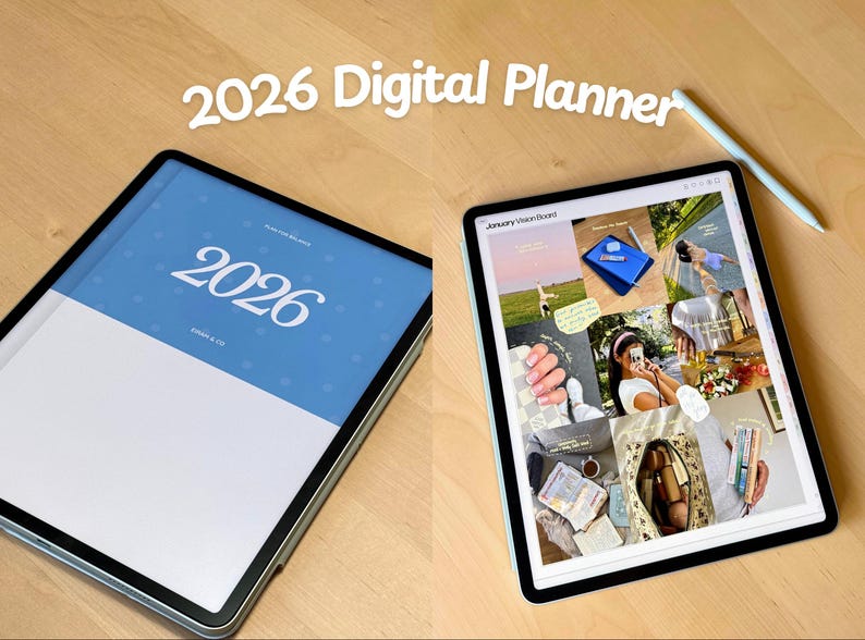 May include: Two tablets on a wooden surface. One displays a blue and white design with the year "2026". The other shows a collage of images. The text "2026 Digital Planner" is at the top. A stylus is placed on the surface.