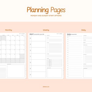 May include: Digital planning pages with monthly, weekly, and daily layouts. The pages are white with gray grid lines and text. The title "Planning Pages" is in a brown script font. The background is a light peach color.
